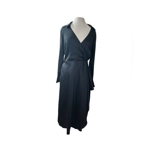 Abercrombie & Fitch Black Long-Sleeve Satin Collared Shirt Dress Size XL Midi - Picture 1 of 11